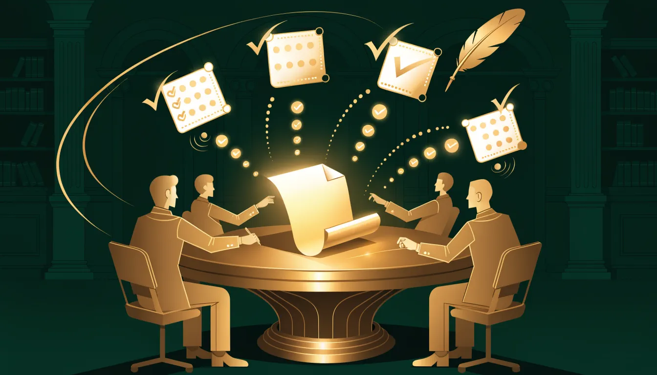 An AI review committee weighing a proposal, illustrating AutoGrant's AI Judge